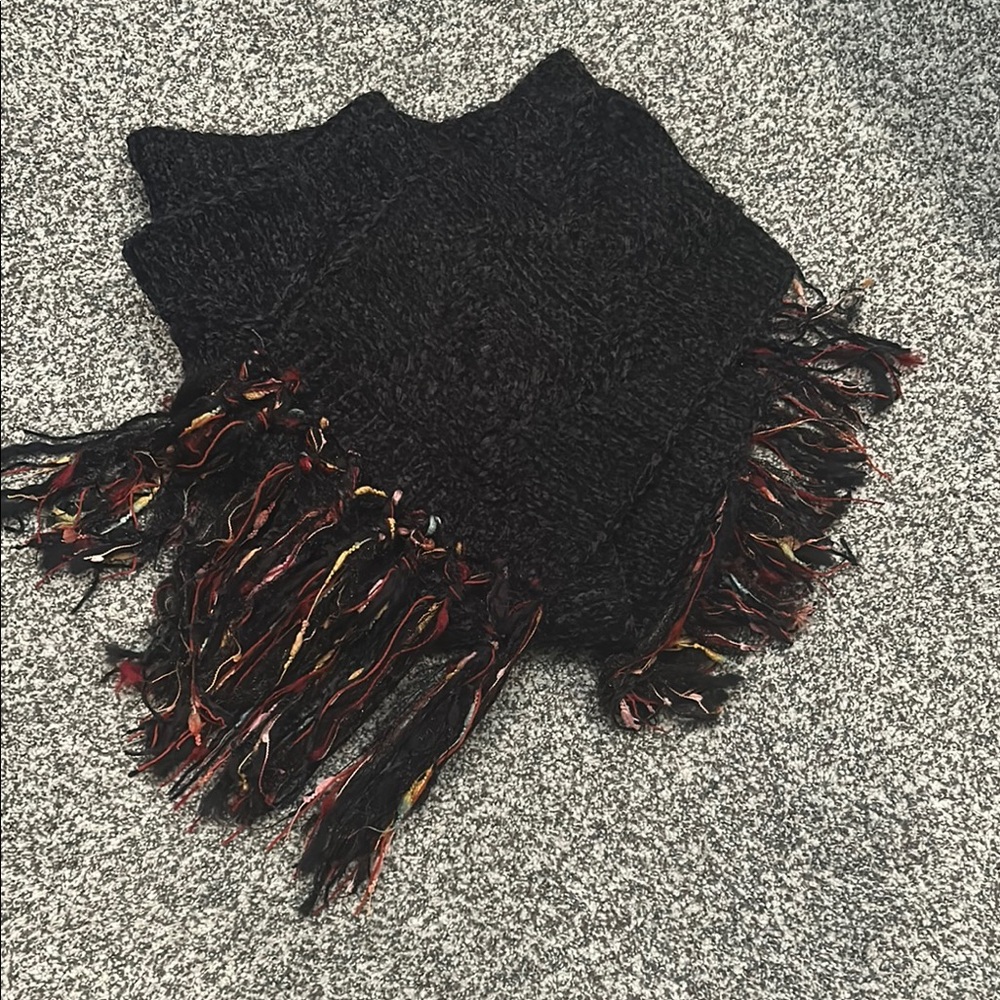Black Cable Knit Scarf with Multicolor Fringe